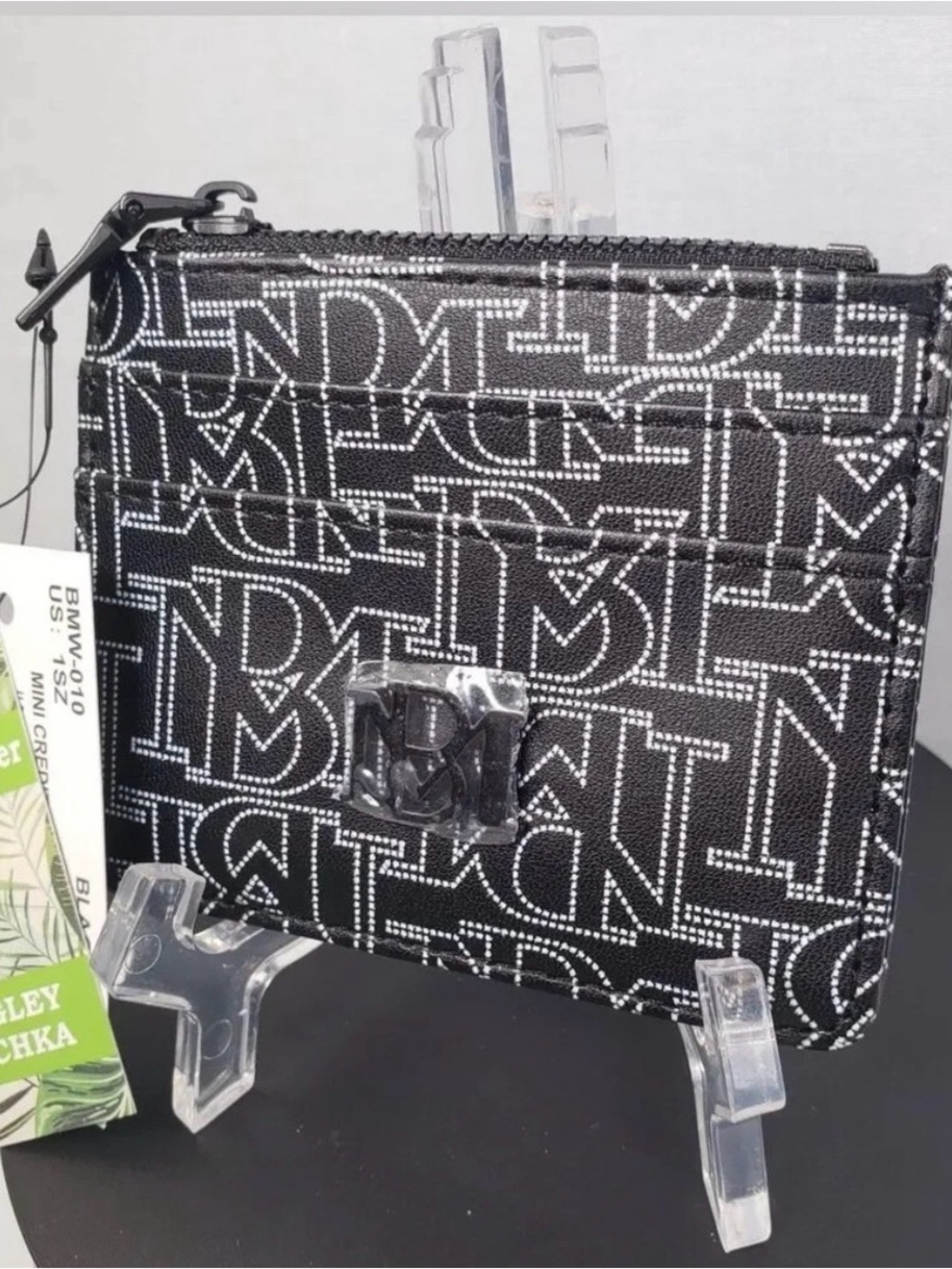 Badgley Mischka black and white vegan leather logo card holder